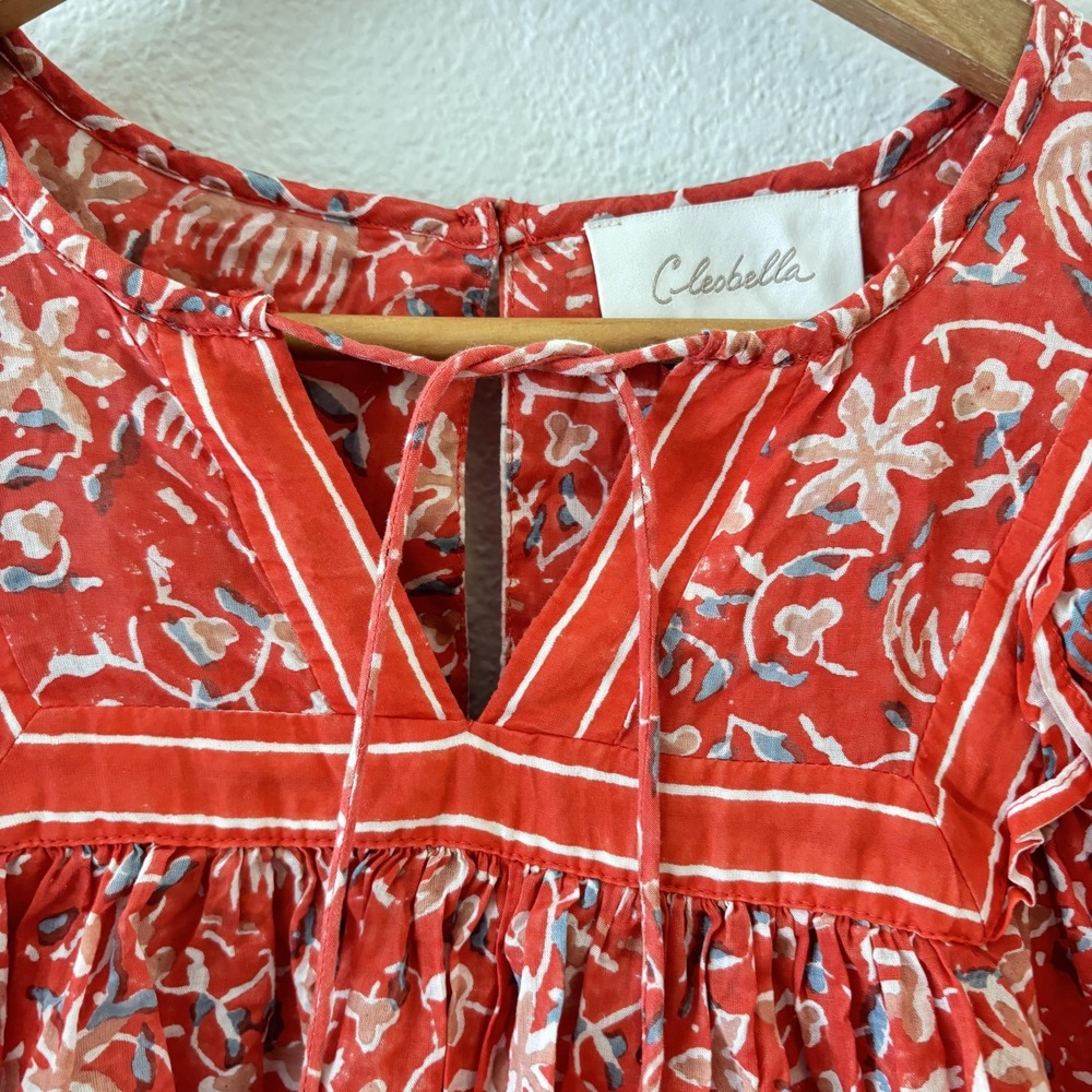 Cleobella Floral Peasant Tunic Top Womens XS Red Ruffle Tassel Boho Blouse - Picture 4 of 11
